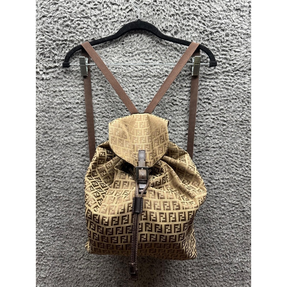 Fendi Womens Tobacco Zucca Canvas and Leather Buckle Travel Backpack Brown 2262